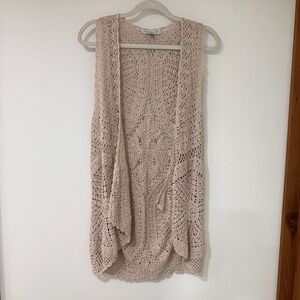 Keren Hart Crochet Open Front Vest Womens Medium Beige Tan Layering | Boho Core